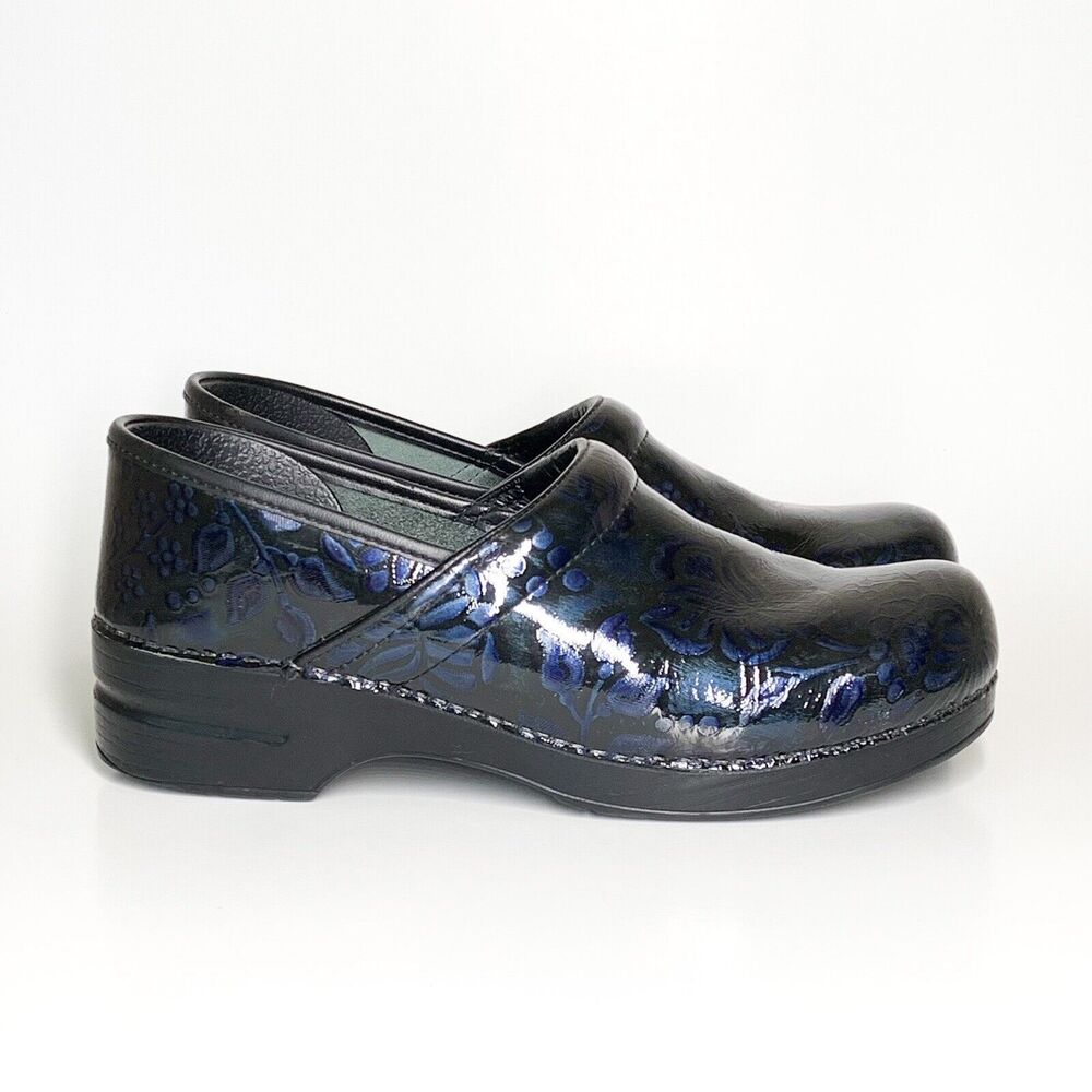 Dansko Professional Clogs Blue Black Patent Floral Butterfly Print 42 US 11.5 12